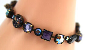 Tennis Bracelet Multi Shaped Beads & Rhinestone AB Glass Purple Blue 7" Long